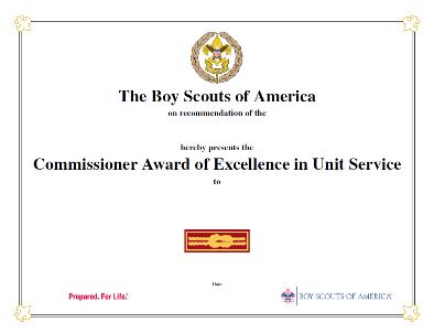 Commissioner Award of Excellence in Unit Service certificate