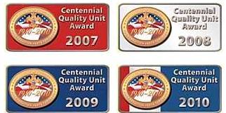 examples of the Centennial Quality Unit emblems.  There are also special emblems to recognize 100 percent Boy's Life units.